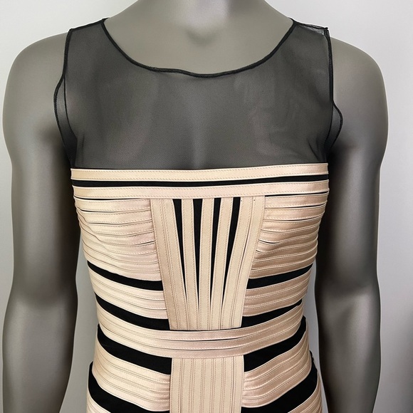 BCBGMaxazria Dress Womens 6 Champagne Satin Mesh Sleeveless Short Party Sexy - Picture 4 of 9